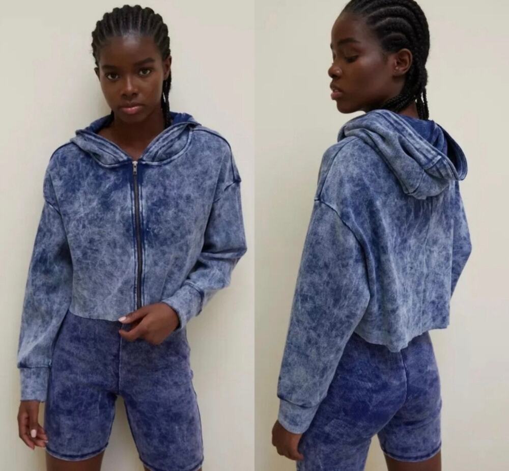 UO Out From Under Ryan Ribbed Cropped Hoodie Blue Small Casual Athleisure